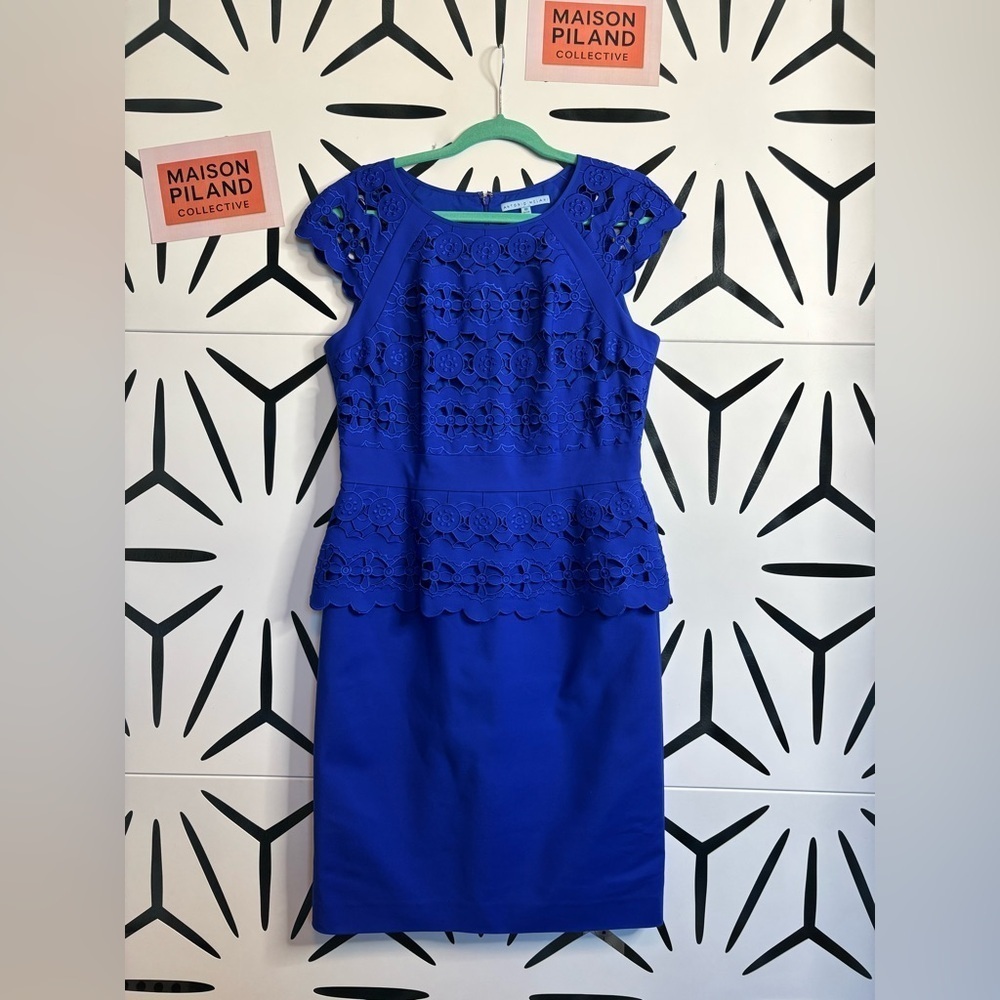 Antonio Melani Cobalt Blue Cocktail Dress w/ Laser Cutouts & Cap Sleeves – Sz 10 - Picture 3 of 14